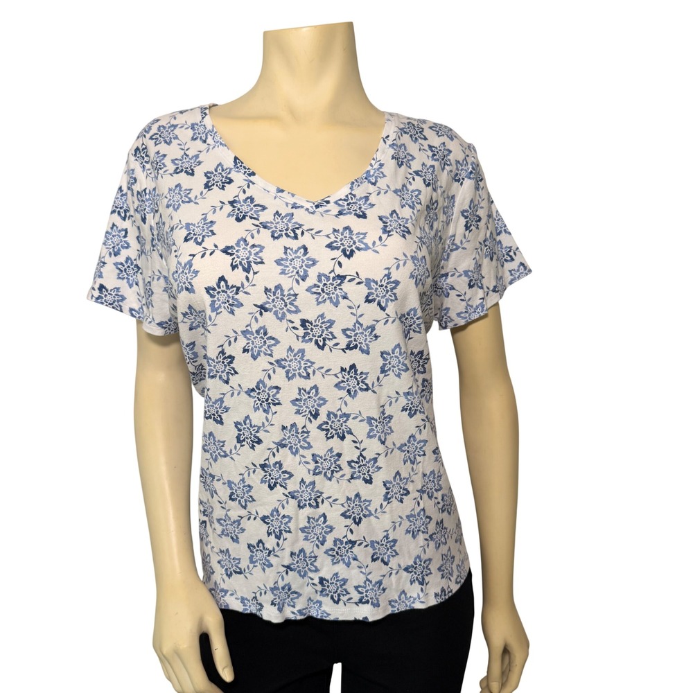 Croft & Barrow The Classic Tee Womens XL Blue White Floral Cotton V-Neck Shirt